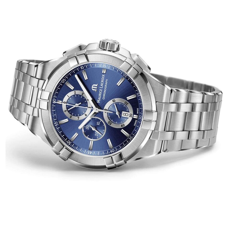 Maurice Lacroix AIKON Chronograph Quartz 44 mm Mavi Kadran Çelik Bilezikli Erkek Kol Saati ML–AI1018SS002430-1