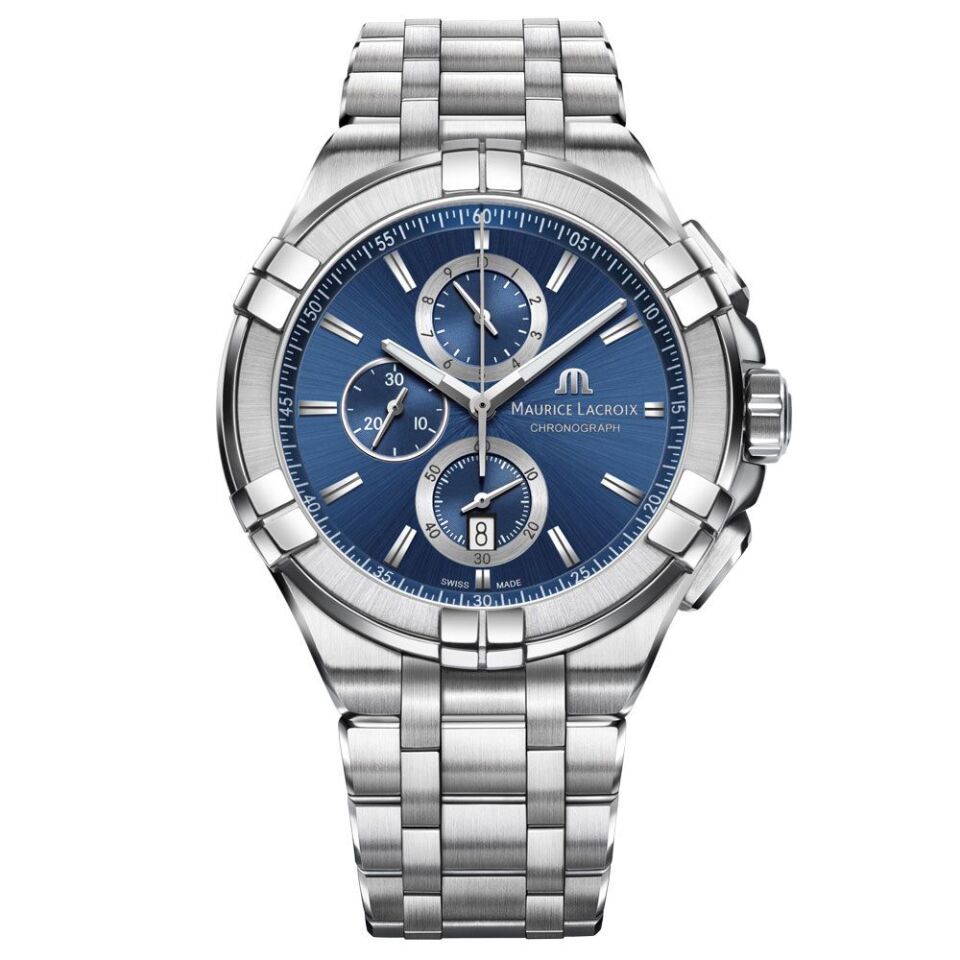 Maurice Lacroix AIKON Chronograph Quartz 44 mm Mavi Kadran Çelik Bilezikli Erkek Kol Saati ML–AI1018SS002430-1